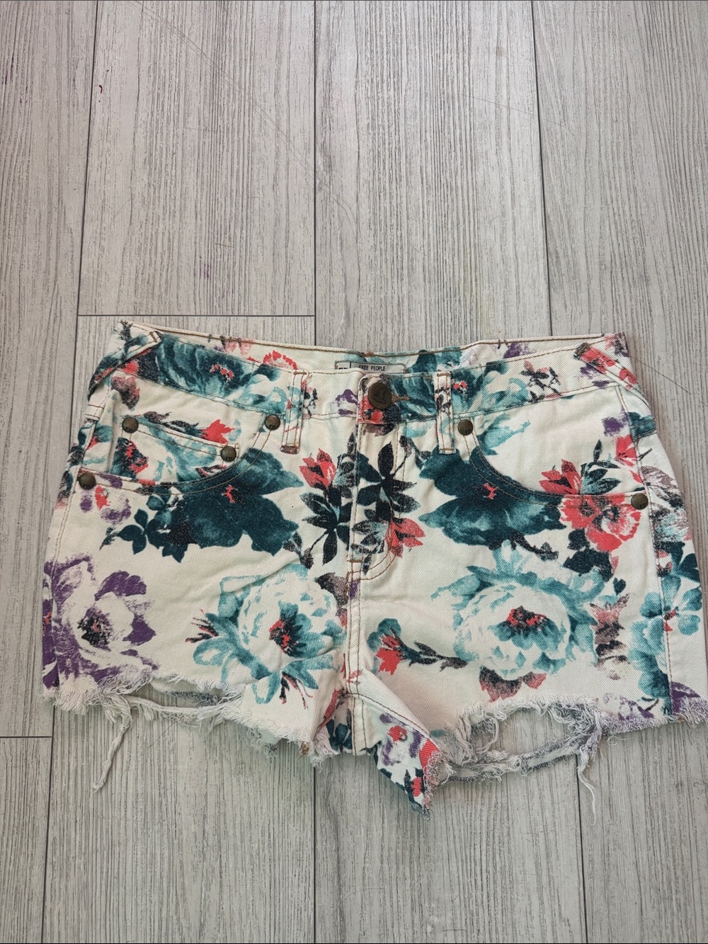 Free People Floral White Denim Cutoff Shorts with Teal & Coral Accents